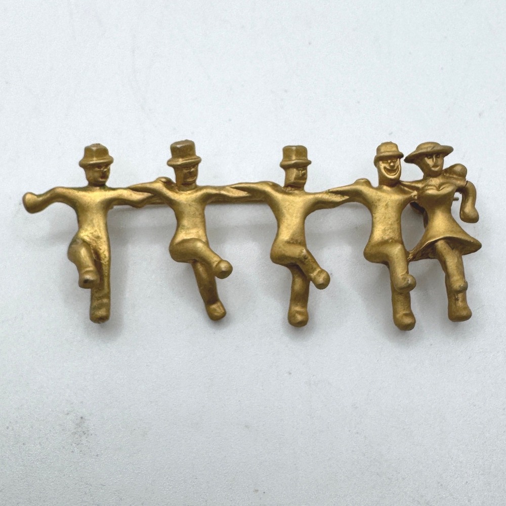 Vintage Gold Tone Dancing Figures Brooch Matte Figural People Pin